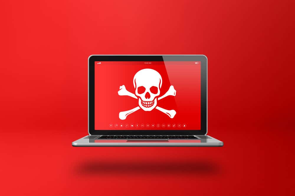 Laptop screen showing a skull and crossbones on a red background