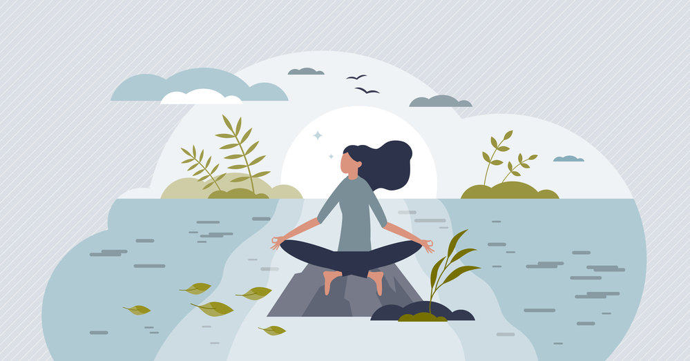 Illustration of a woman meditating on a rock by the water